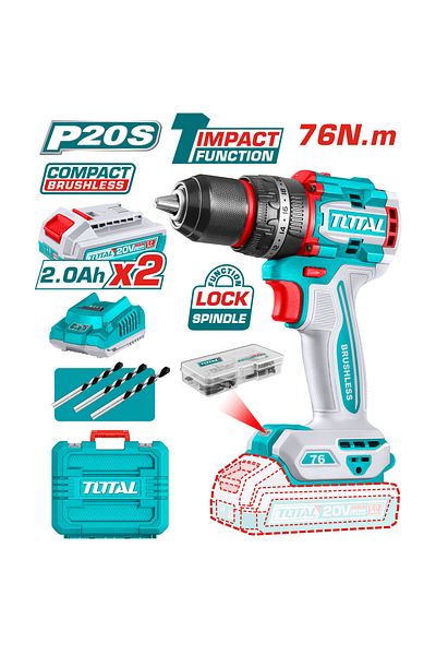 TOTAL 20V 76Nm Vibrating Cordless Drill with Plastic Bag, Extra Battery and Charger