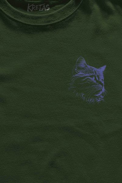 Kretas Μπλουζάκι Unisex Χακί Μπλουζάκι Cute Cat Black Cat Minimal μπλουζάκι με στάμπα μπροστά
