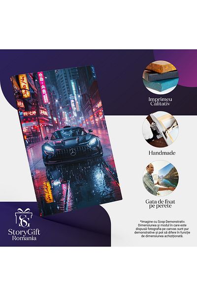 StoryGift Romania Tablou Canvas Mercedes De Culoare Neagra Masina Sport Circula Cu Viteza Prin Ploaie In Orasul