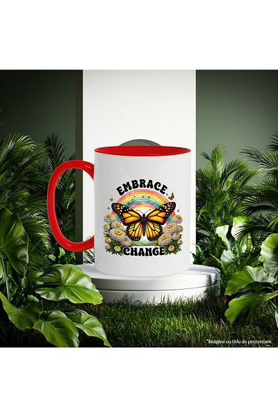 StoryGift Romania Mug with a yellow butterfly with the message "Embrace change", illustration, motivational,, With