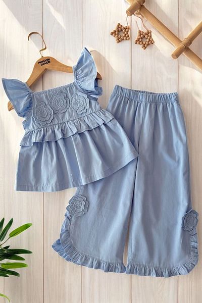 Minigimin Cicileri Set pentru fetiță, bluză cu broderie florală și pantaloni cu volane, pentru fetiță - albastru