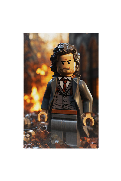 StoryGift Romania Tablou Canvas: Barbat Lego In Oras Distrus De Flacari Cu Privire Trista Si Costum Gri Cu Porto