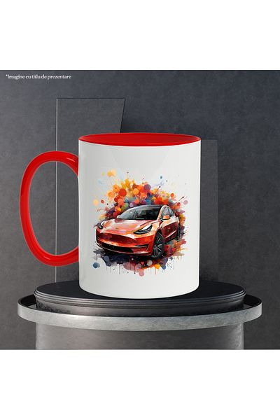 StoryGift Romania Mug With Car, Tesla, Polka Dots, Watercolor Illustration, Multicolor 330 ml, Ceramic, With ,STG