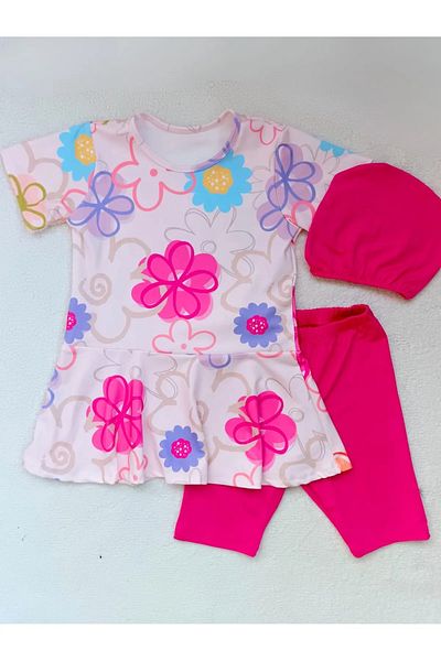 Modomood Girl's Top, Bonnet, Rose Patterned Hijab Sea Pool Swimsuit Set