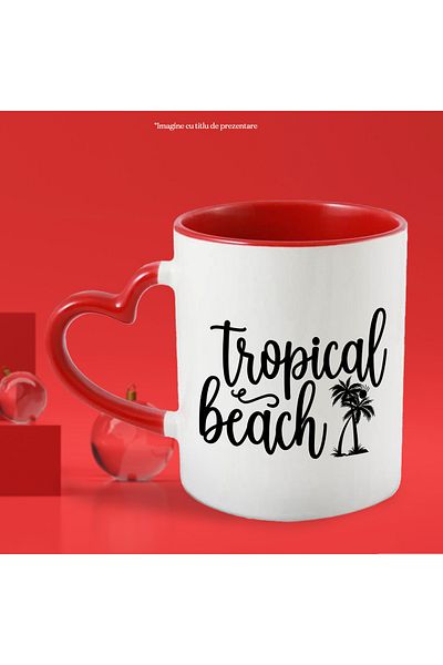 StoryGift Romania Mug with the message "Tropical beach" - tropical beach palm trees with Red Heart Handle, With,STG.