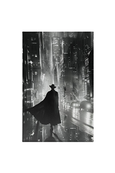 StoryGift Romania Tablou Canvas: Detectivul Din Umbră Cu Manta Și Pălărie În Orașul Modern Aglomerat Alb Și Negru