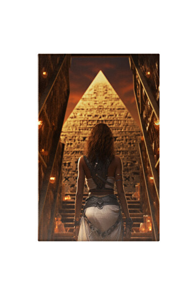 StoryGift Romania Tablou Canvas: Femeie In Alb Care Priveste Curioasa Catre O Piramida Din Egipt Cu Bratari Si I