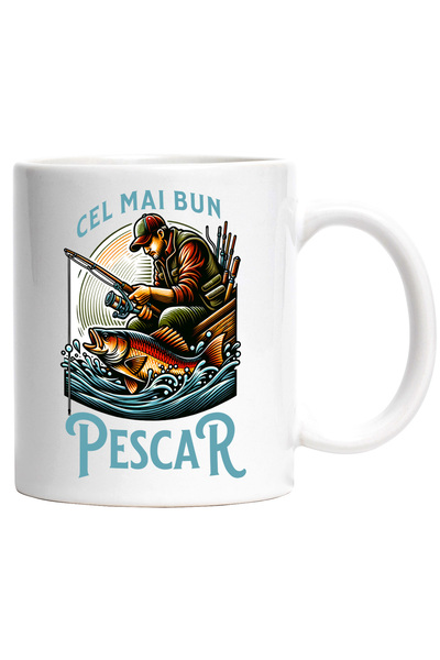 StoryGift Romania Cana Cel Mai Bun Pescar, 330ml, Ceramic Cu Maner Alb, Cu Ma...