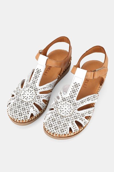 TUNAELLİ Women's White Genuine Leather 35-41-42 Number Flat Wedge Heel Front Closed Strap Sandals