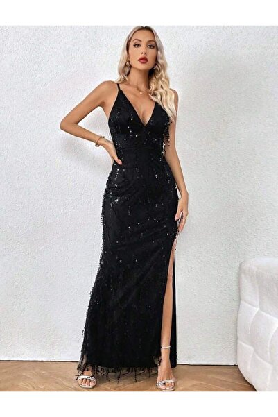 MODAS ASKILI V YAKA SAÇAKLI PUL PAYET ABİYE ELBİSE