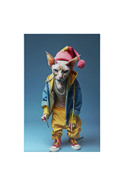 StoryGift Romania Tablou Canvas Modă Stradală Adoptată De Pisica Cornish Rex În Geacă De Blugi Și Căciulă Cu Moț