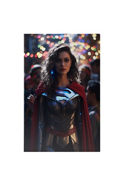 StoryGift Romania Tablou Canvas: Supereroul Femeie Cu Salopeta Argintie Si Pelerina Rosie Cu Ochelari Si Parul C