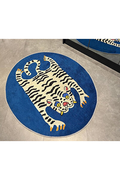 RUGSMODERN Mira 807 Kaplan Desen Mavi Dekoratif Kaymaz Taban Çap Yıkanabilir Halı