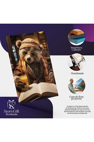 StoryGift Romania Tablou Canvas: Batranelul Urs Cu Palarie Si Fular In Palton Gros Citeste O Carte Si Bea Suc De