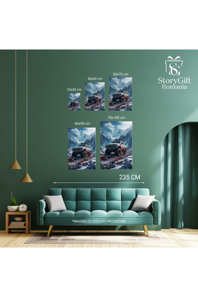 StoryGift Romania Tablou Canvas: Razboiul Din Munti Masina Alba Cu Urme Stranii Prin Drumul Din Muntii Plini De