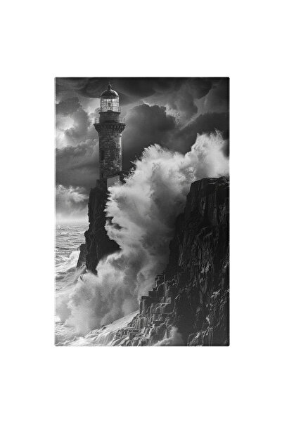StoryGift Romania Tablou Canvas: Farul Din Vârf De Stâncă Udat De Valurile Puternice Ale Mării Furioase Furtună P