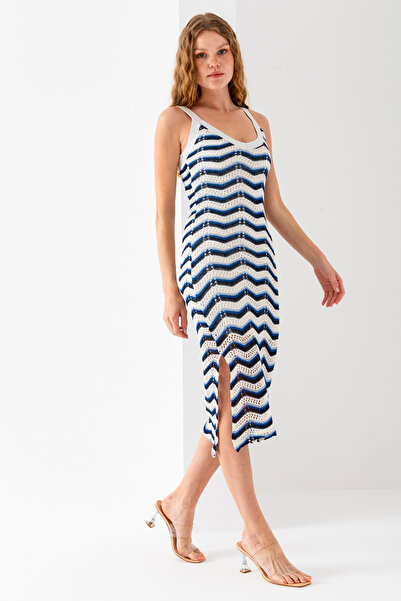 GİYSA Жіноча сукня на бретельках з V-подібним вирізом та зигзагоподібним візерунком, синя - 5063