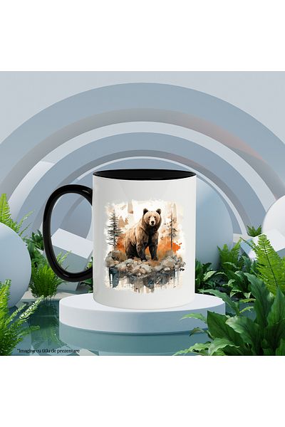 StoryGift Romania Mug With Bear, Lake, Stones, Vegetation, Tree, Fir Animal, Multicolor 330 ml, Wax, With