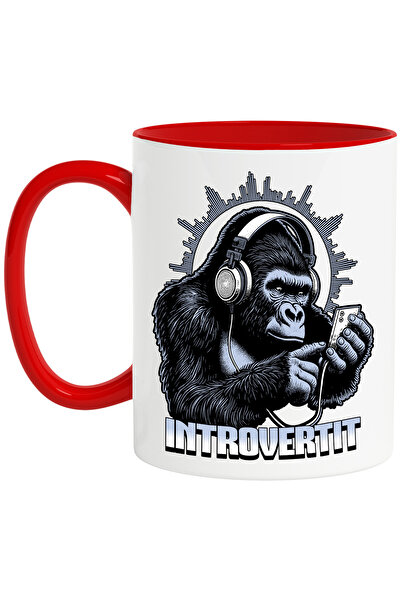 StoryGift Romania Cana Gorilla Introvertit Folosind Telefonul , 330ml, Ceramic Cu Maner Rosu, Cu Maner ,stg