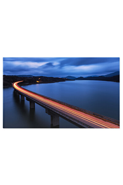 StoryGift Romania Tablou Canvas Cu Pod Peste Lac La Ora Albastra - Peisaj Montan In Amurg