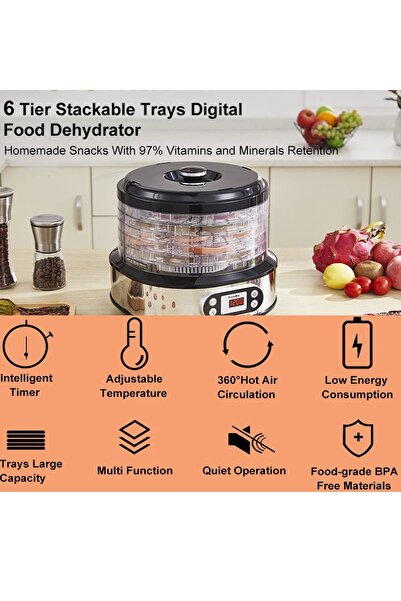 BioloMix Food Dehydrator, 6 Trays, Dehydrator for Herbs, Meat, 72H Timer, for Fruits, Veggies, BFD806 Black