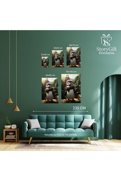StoryGift Romania Tablou Canvas: Penguin Walk Alb Si Albastru Cu Esarfa La Gat Si Ochii Mici Cu Ghiozdan In Spat