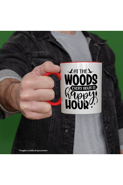 StoryGift Romania Mug with birds and the message "In the forest, any hour is a happy hour" with Red Handle, With, STG