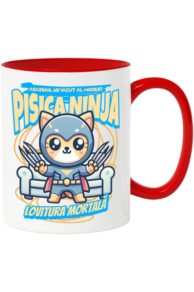 StoryGift Romania Cana Pisica Ninja-asasinul Nevazut Al Mobiliei, 330ml, Ceramic Cu Maner Rosu, Cu Mane,stg