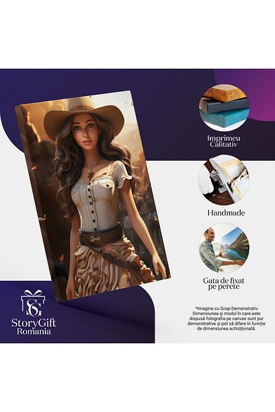 StoryGift Romania Tablou Canvas: Portret Feminin In Vestul Salbatic - Fata Draguta Palarie Oameni In Spate Pictu