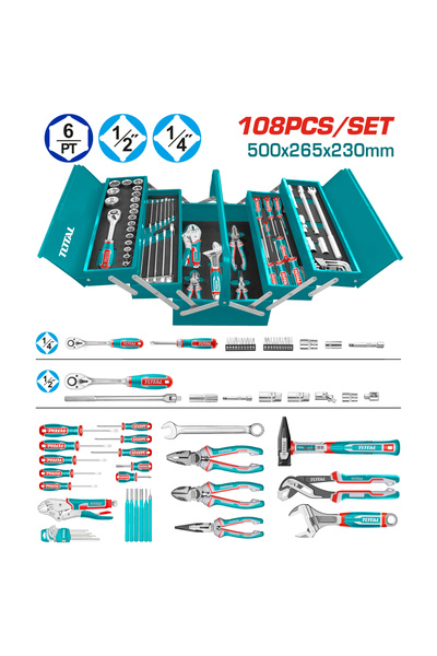 TOTAL صندوق عدة معدن طبقات مع حبوب 1/2"&1/4" 108pcs/set