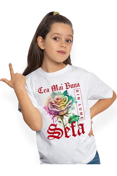 StoryGift Romania Children's Girls' T-Shirt With Text The Best Boss In The World, Flower, Colorful Rose, Watercolour