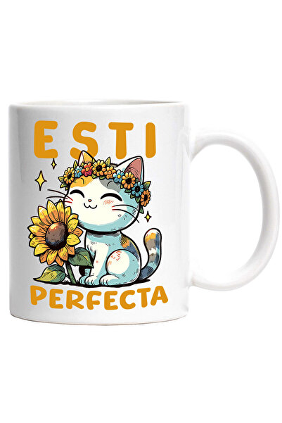 StoryGift Romania Cana Cu Pisica Vesela Cu Coroana De Flori Floarea Soarelui ...