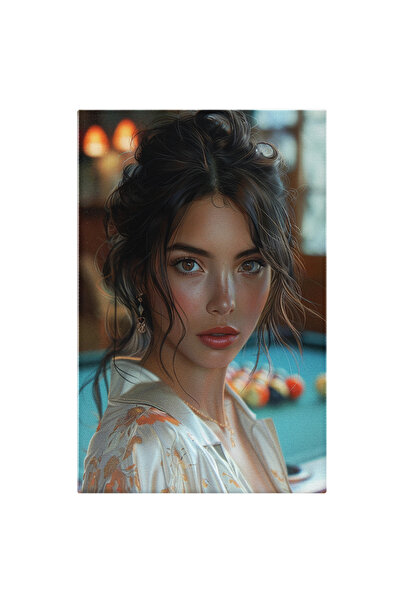 StoryGift Romania Tablou Canvas: Joc De Biliard Cu Stil Și Eleganță Feminină - Femeie Cu Parul Messy Dornică De