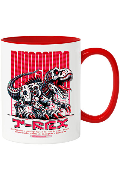 StoryGift Romania Cana Dinozaur T-rex Robot In Actiune, 330ml, Ceramic Cu Maner Rosu, Cu Maner Rosu Stg,stg