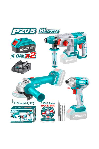 TOTAL Hilti drill set with a rocket, a battery-powered drill, cutting stones, and 20V blades