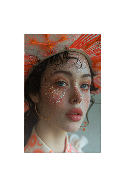 StoryGift Romania Tablou Canvas: Innocent Girl Cu Pistrui Si Ochii Ca Apa Marii Cu Palarie De Vara Portocalie Pi