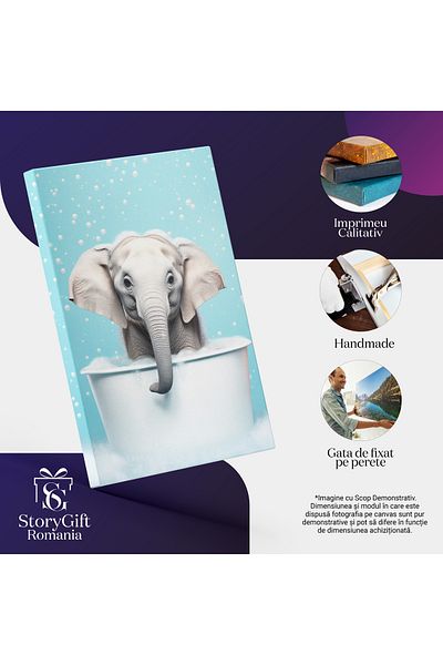 StoryGift Romania Tablou Canvas: Un Pui De Elefant Stand Intr-o Cadita - Ploua Cu Spuma Pictura Digitala