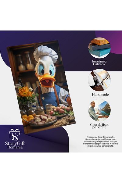 StoryGift Romania Tablou Canvas: Donald Care Iubeste Sa Gateasca In Bucataria Lui Cu Boneta Alba Si Ingredientel