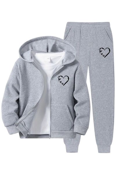 Trendy Merry Store Heart Printed Zippered Girl's Bottom Top Tracksuit Set