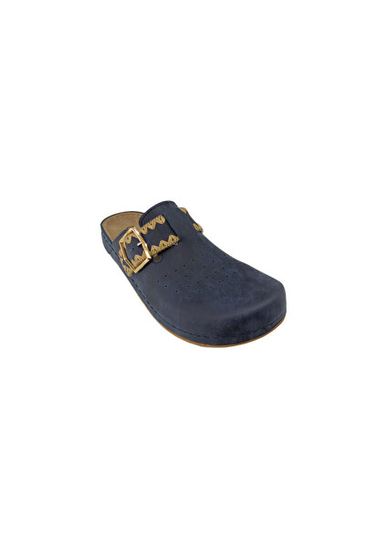 BENTO 41012 Navy Blue Women's Closed Front Daily Leather Anatomical Slippers