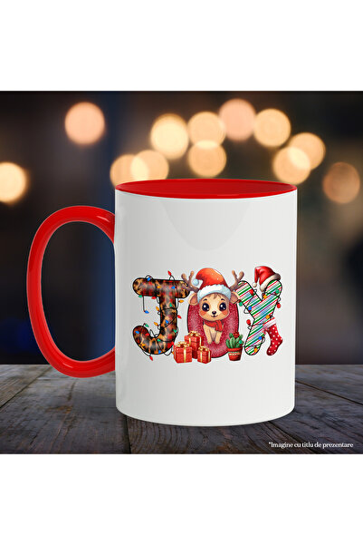 StoryGift Romania Mug with a little reindeer with the message "Joy", Merry Christmas, illustration, winter, happy, With,STG