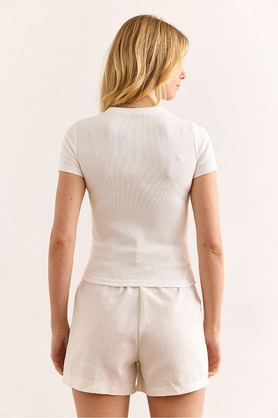 Olalook Women's White Sequin Bow Detailed Slim Ribbed Crop Blouse Blz-19002989