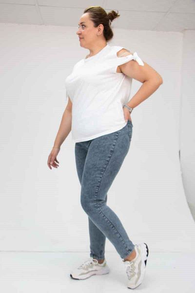 Eslina 9184-11 Large Size Elastic Waist Skinny Leg Long Jeans - Snow Wash Navy Blue