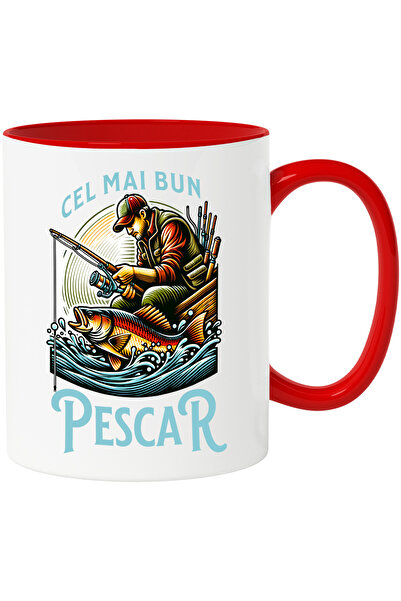 StoryGift Romania Cana Cel Mai Bun Pescar, 330ml, Ceramic Cu Maner Rosu, Cu M...