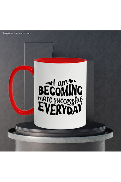 StoryGift Romania Mug with hearts and the message "I become more successful every day" with Red Handle, Cu Ma,STG.