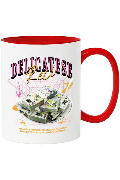 StoryGift Romania Cana Delicatese Reci - Banii In Farfurie, 330ml, Ceramic Cu Maner Rosu, Cu Maner Rosu,stg