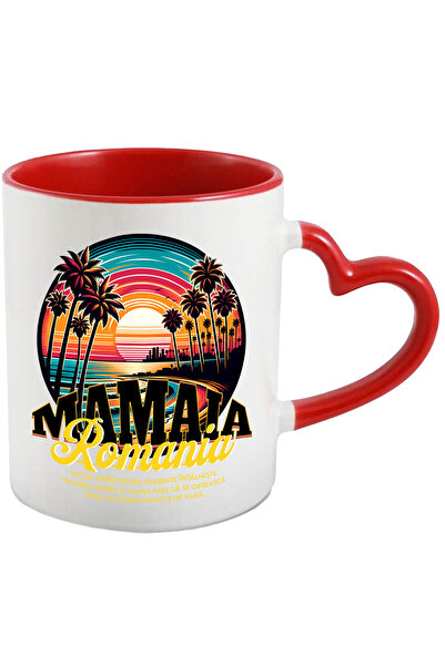 StoryGift Romania Cana Plaja Din Mamaia, Romania, 330ml, Ceramica Cu Maner Inima Rosie, Cu Maner Inima ,stg