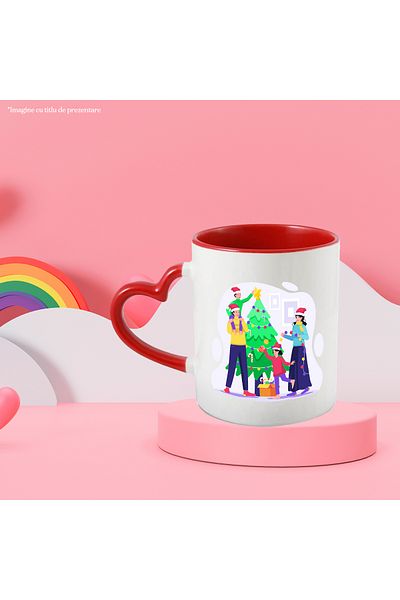 StoryGift Romania Mug With Tree, Christmas, Family, Globes, Multicolor 330 ml, Ceramic with Linen Handle, With ,STG.