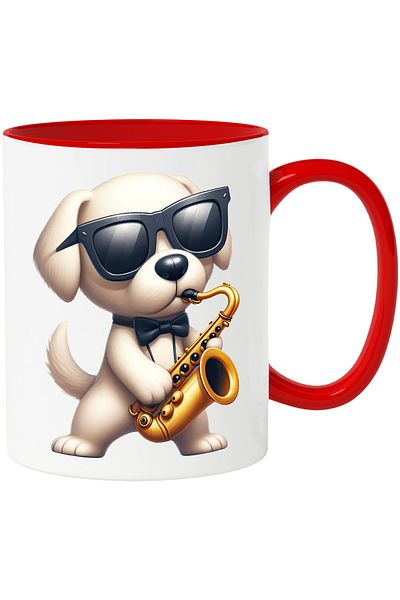 StoryGift Romania Mug with a gray dog ​​playing the saxophone | illustration | glasses | bow tie | in, With, STG