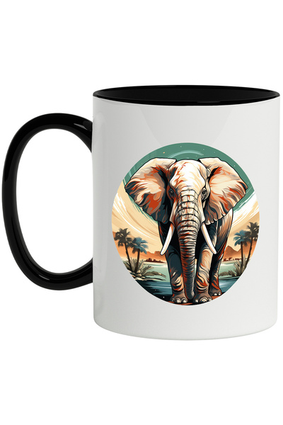 StoryGift Romania Cana Cu Elefant, Lac, Palmieri, Cer, Apus, Cerc, Frunze, Mu...